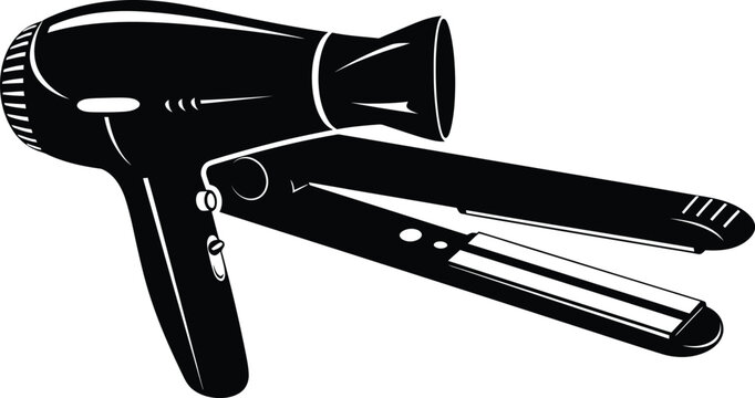 Hairdryer and flat iron, beauty tools for hairstyling and hair care