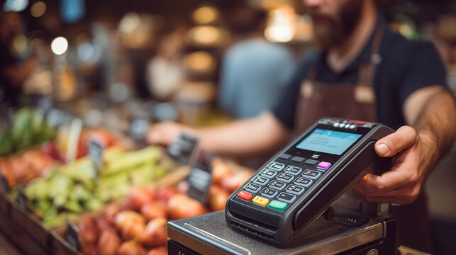 A man is standing behind a counter in a grocery store, holding a credit card reader. The scene is bustling with activity, with several people shopping and browsing the produce section - Powered by Adobe