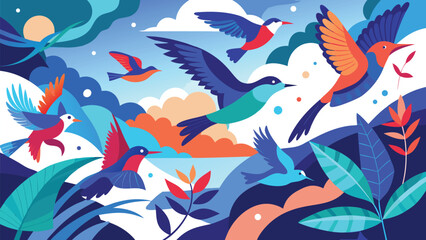 A vibrant arrangement of colorful birds and flowers in various shapes, showcasing nature's beauty and diversity..eps