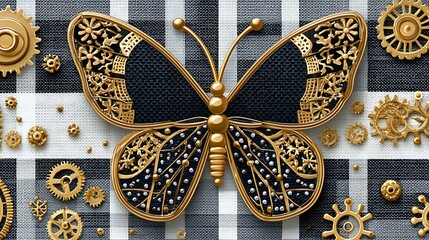 Beautiful Seamless Gingham Pattern with Butterfly and Gear Elements for Wallpaper Design