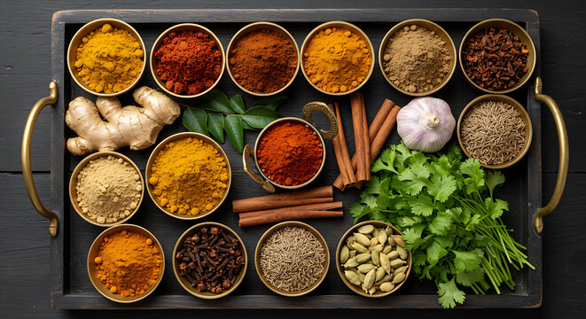Overhead view of Indian curry spices and ingredients on dark wooden tray. Curry leaves, turmeric root, ginger, garlic, red chili powder, coriander powder, cumin seeds, garam masala, cardamom, cloves, 