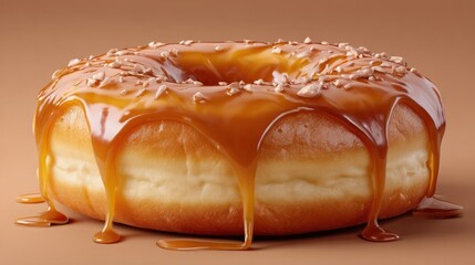 A delectable donut, glazed with a rich caramel topping that drips down its sides, sprinkled with tiny, light-brown bits.  The donut rests on a matching brown background