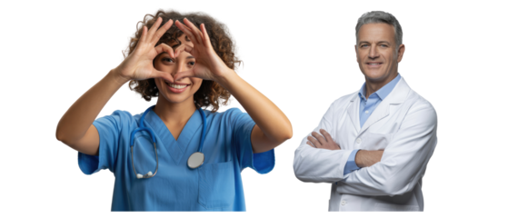 Smiling female nurse making heart shape with hands next to male isolated on white transparent background png jpg business people clipping path cutout 2025 2026 4k full hd poster banner label download