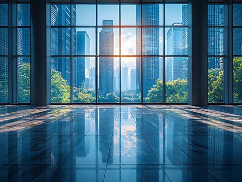Abandoned startup office in the shadow of glass skyscrapers