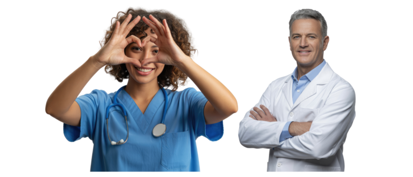 Smiling female nurse making heart shape with hands next to male isolated on white transparent background png jpg business people clipping path cutout 2025 2026 4k full hd poster banner label download