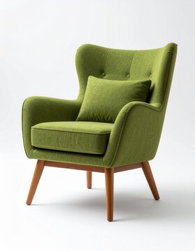 Green Mid Century Armchair with Curved Backrest and Pillow