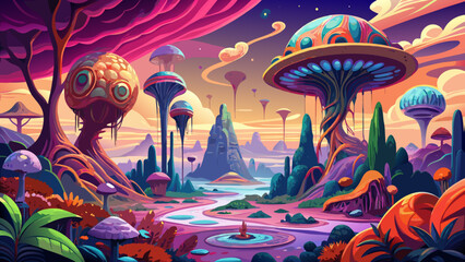 Alien landscape with exotic flora and fauna , extraterrestrial, unknown, unique, surreal, bizarre