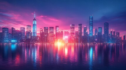 Fototapeta premium Neon lit cityscape with towering skyscrapers reflecting on the water