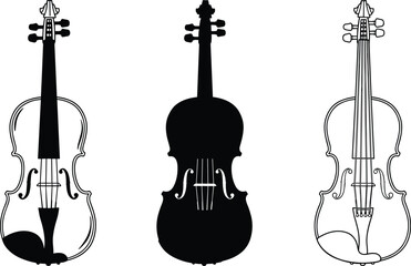 Violin vector illustrations, musical instrument silhouettes and outlines, classical string instruments, black and white violin graphics for music design