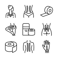 Kinesio taping kinesiology outline icons set. Medical plaster line signs collections. Rehabilitation, therapy athletics muscles, joints injury relief, elasticity adhesive. Isolated vector symbols illu