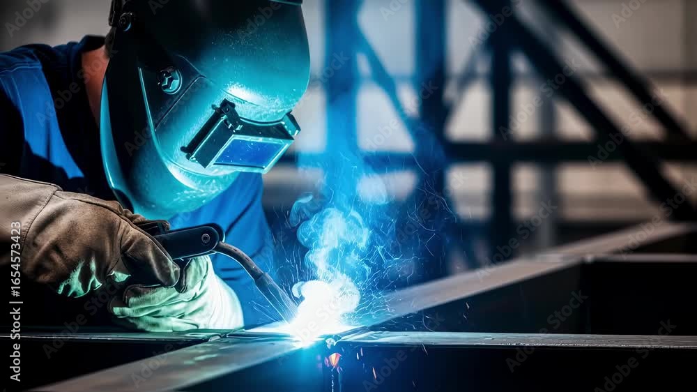 Poster dynamic view of arc welding against backdrop of metal structures.