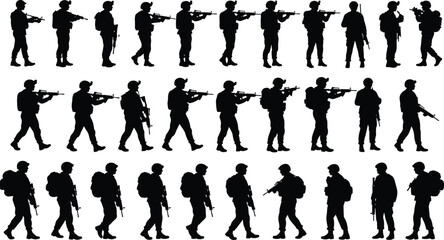 WebSoldier silhouettes, military, rifle, helmet, backpack, walking, aiming, standing, pose, vector, black, combat