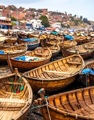Obraz premium Wooden boats at harbor, colorful town