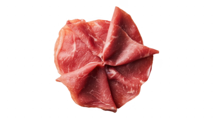 Unique arrangement of fresh meat slices in an artistic design on a plain background