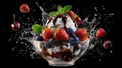 A glass bowl overflowing with ice cream, strawberries, blueberries, and cherries, drenched in chocolate sauce, is captured mid-splash against a black background