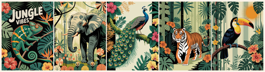 Set of Jungle retro posters with different exotic animals. Trendy vintage style wall art, card, print template in vivid bright colors. Vector flat illustrations