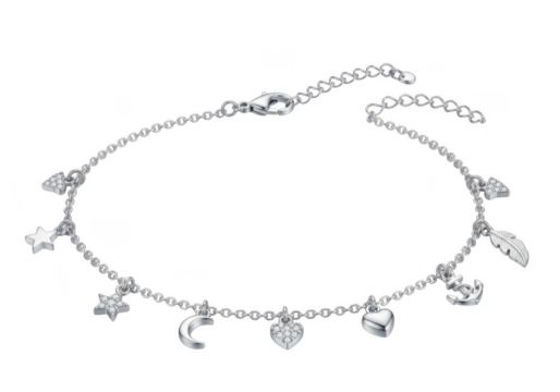 Silver charm anklet with moon star heart and leaf pendants isolated on transparent background - Powered by Adobe