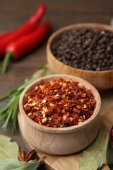 Different aromatic spices on wooden table, closeup