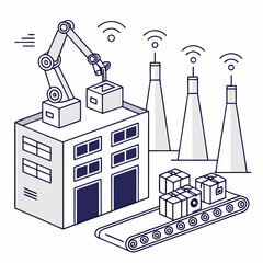Fototapeta premium Industrial robot arm loading boxes onto factory building
