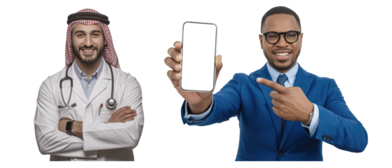 Arab doctor in white coat with stethoscope and businessman in isolated on white transparent background png jpg business people clipping path cutout 2025 2026 4k full hd poster banner label download