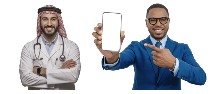 Arab doctor in white coat with stethoscope and businessman in isolated on white transparent background png jpg business people clipping path cutout 2025 2026 4k full hd poster banner label download