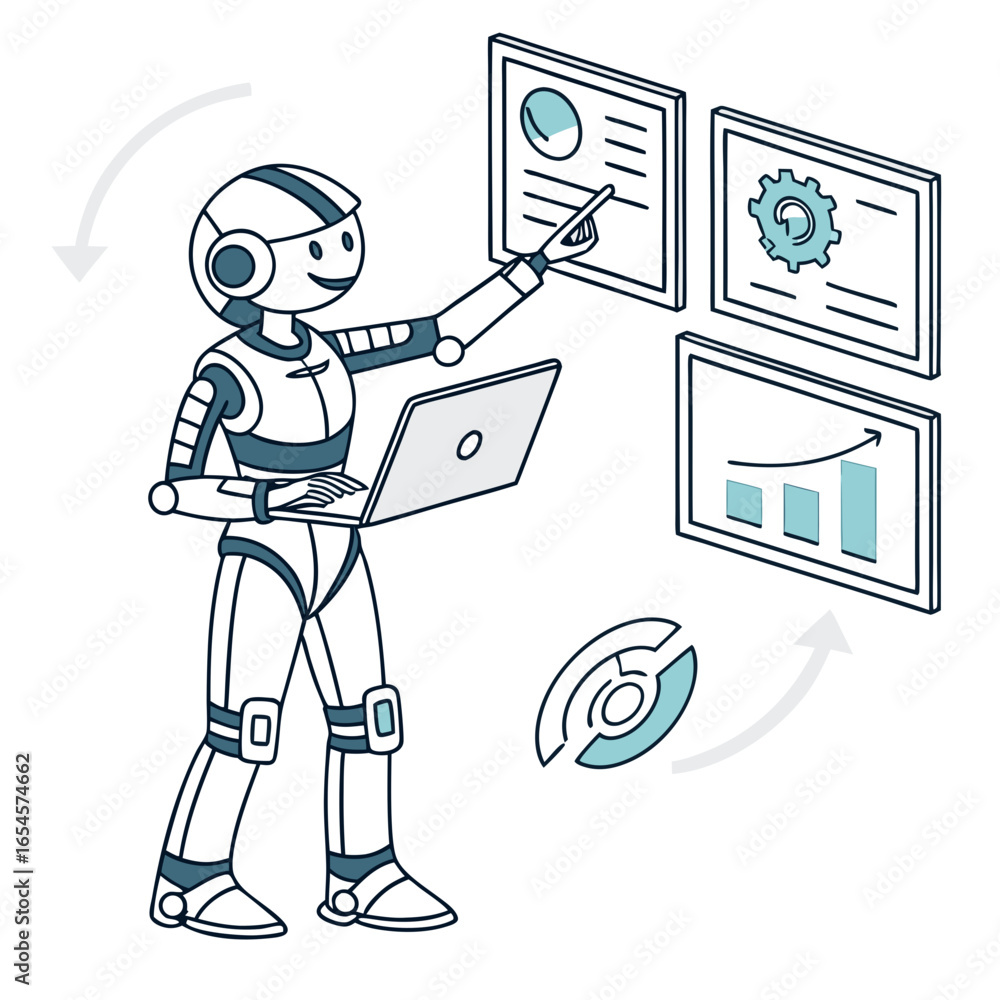 Poster robot analyzing data on screens with laptop technology
