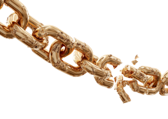 Broken golden chain links isolated on a white background
