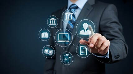 Businessman touching digital interface with financial and personal icons suit