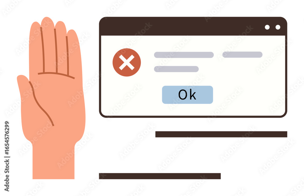 Poster raised hand beside error message window with a red cross and ok button, symbolizing denial, caution,