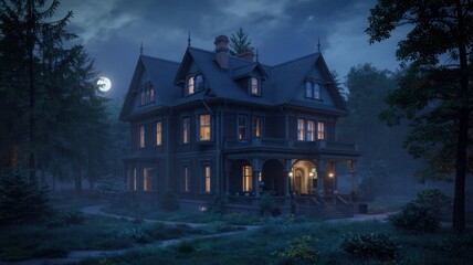Enchanting Victorian mansion bathed in moonlight with warm glowing windows, set amidst a mystical, foggy forest creating an atmosphere of serene mystery and timeless elegance.