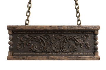 Ornate wooden sign, hanging by chains