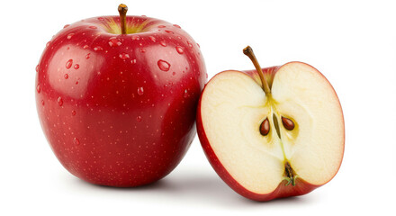 A vibrant red apple, glistening with water droplets, isolated on a clean white background, represents a perfect blend of healthy, fresh, and delicious organic fruit