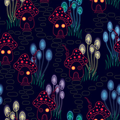 Vector illustration. Magical mushroom village with glowing mushroom lamps seamless repeat pattern. Best for kids decor or fabric or packaging.