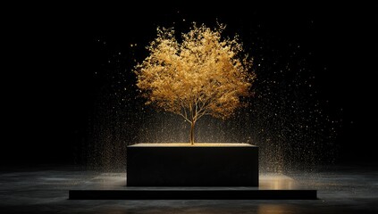 Golden tree on a dark pedestal.  A digitally rendered image
