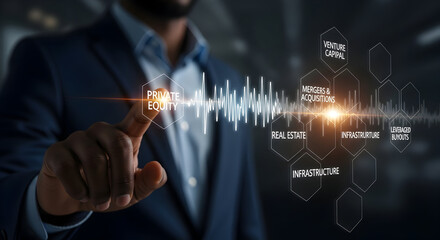 Businessman interacting with financial data analysis, visualizing private equity investment strategies