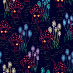 Raster illustration. Magical mushroom village with glowing mushroom lamps seamless repeat pattern. Best for kids decor or fabric or packaging.