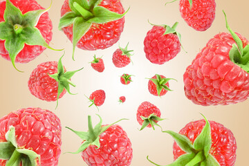 Fresh raspberries swirling in air against beige background