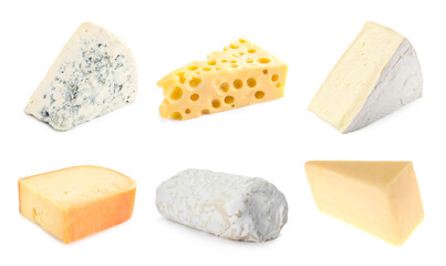 Variety of cheeses isolated on white, set