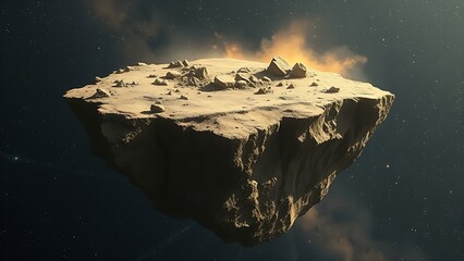 A massive floating landmass crumbling in space, ancient layers disintegrating into stardust.