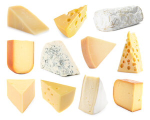 Variety of cheeses isolated on white, set