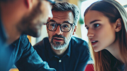 Professional leadership moment, consultant guiding younger colleagues, close-up of mentorship dynamic