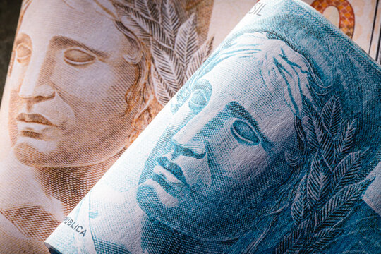 Brazilian real cedula close up, Brazilian financial crisis, Marianne. Punctual close-up.