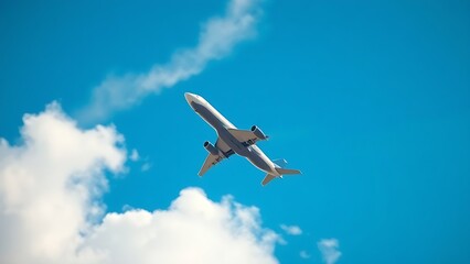 Airplane climbing into a clear blue sky, leaving white contrails against a backdrop of soft clouds.
