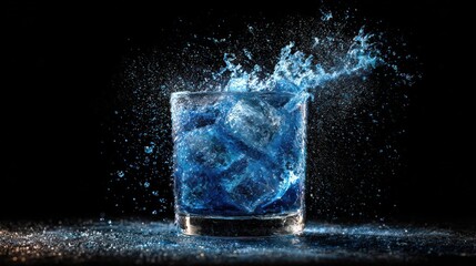 Vibrant blue liquid splashes explosively from a glass with ice cubes against a dark backdrop