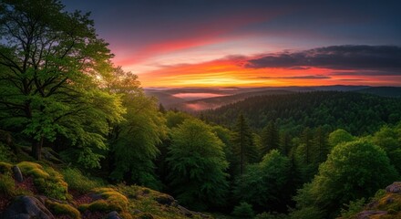 Obraz premium Vibrant Sunset Over Green Forested Hills with Colorful Sky and Mist