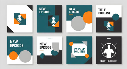 Podcast episode social media templates with microphone icon, modern design, and vibrant colors