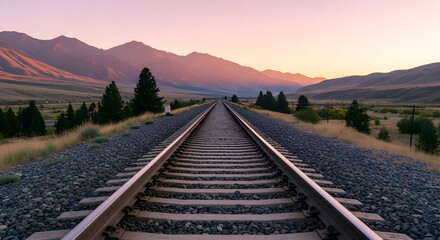 Fototapeta premium Endless railway tracks stretching into the horizon at golden hour, framed by majestic mountains and a serene landscape, symbolizing journey and freedom.