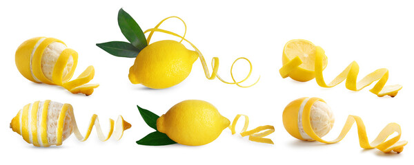 Fresh lemons with peels isolated on white, set. Citrus fruit
