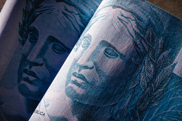 Brazilian real cedula close up, Brazilian financial crisis, Marianne. Punctual close-up.