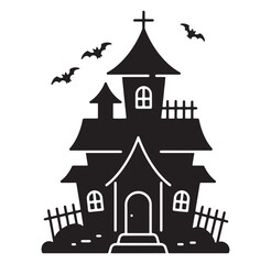 Spooky black and white haunted house illustration featuring flying bats and creepy elements